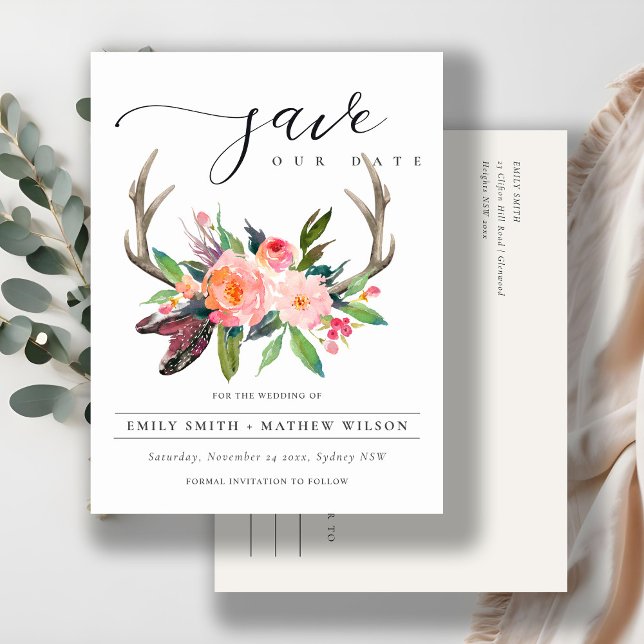 BOHO BLUSH ANTLER FLORAL COUNTRY SAVE THE DATE ANNOUNCEMENT POSTCARD (Creator Uploaded)
