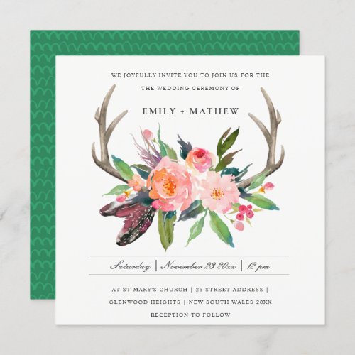 BOHO BLUSH ANTLER FLORAL FEATHER COUNTRY WEDDING INVITATION