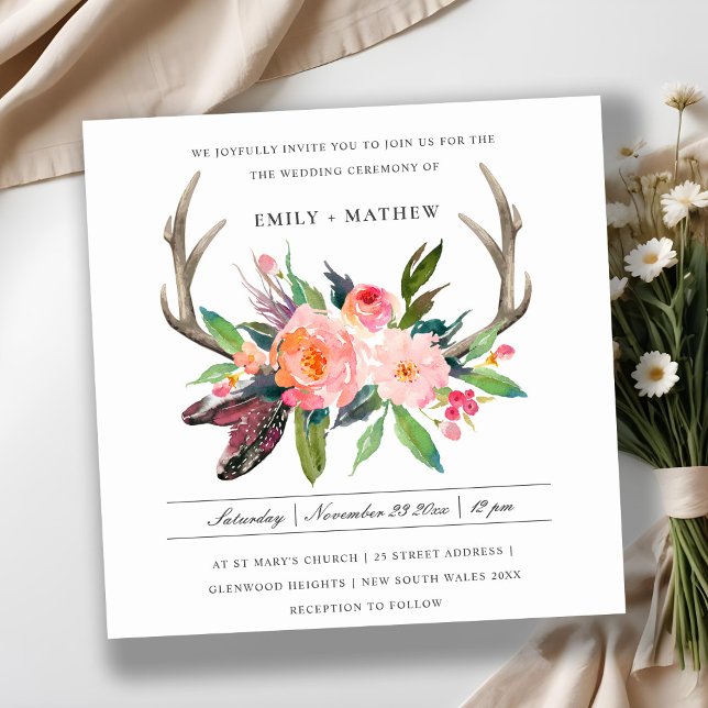 BOHO BLUSH ANTLER FLORAL FEATHER COUNTRY WEDDING INVITATION (Creator Uploaded)