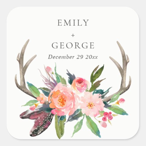 BOHO BLUSH ANTLER FLORAL FEATHER COUNTRY  WEDDING SQUARE STICKER