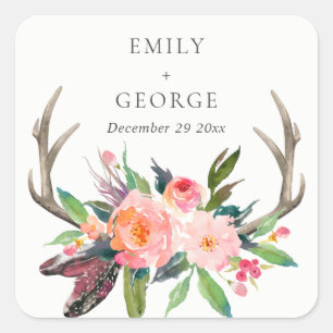 BOHO BLUSH ANTLER FLORAL FEATHER COUNTRY WEDDING SQUARE STICKER