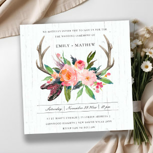 BOHO BLUSH ANTLER FLORAL WOODEN COUNTRY WEDDING INVITATION