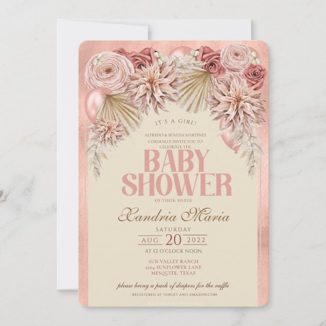 Boho Blush Beige Dried Rose Baby Shower invitation (Front)