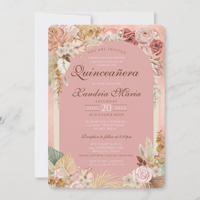 Boho Blush Beige Dried Rose Floral Quinceanera Invitation (Front)