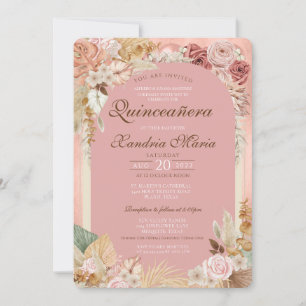 Boho Blush Beige Dried Rose Floral Quinceanera Invitation