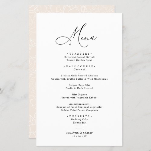 Boho Blush Black & White Modern Wedding Menu - Designed to coordinate with our Stylish Script wedding collection, this customizable Menu card, features a sweeping script calligraphy text paired with a classy serif font in black with a customizable monogram on the back. Matching items available.