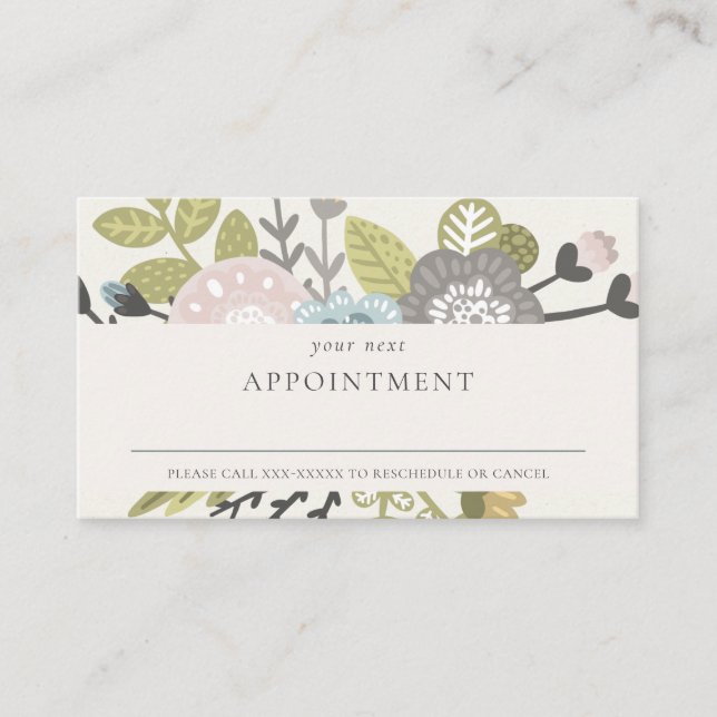 Boho Blush Blue Green Floral Appointment Reminder Business Card (Front)