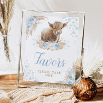 Boho Blush Blue Highland Cow Favors Sign