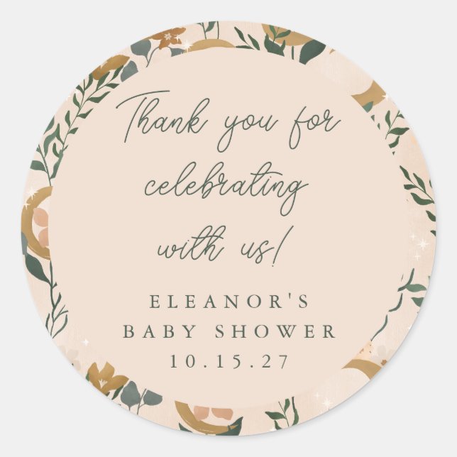 Boho Blush Botanical Moon Custom Baby Shower Thank Classic Round Sticker (Front)