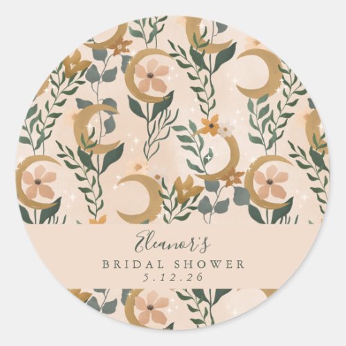 Boho Blush Botanical Moon Custom Bridal Shower  Classic Round Sticker
