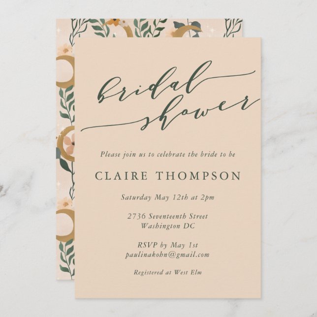 Boho Blush Botanical Moon Script Bridal Shower  Invitation (Front/Back)