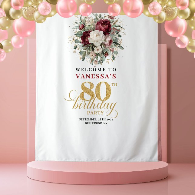 Boho Blush Burgundy 80th Birthday Backdrop (Boho Blush Burgundy 80th Birthday Backdrop)
