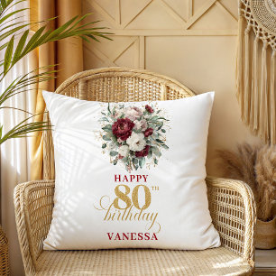 Boho Blush Burgundy 80th Birthday Personalized Throw Pillow