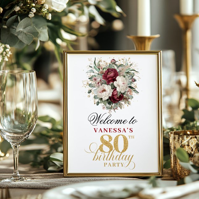 Boho Blush Burgundy 80th Birthday Tabletop Sign (Boho Blush Burgundy 80th Birthday Tabletop Sign)