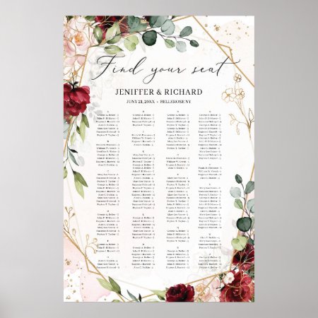 Boho blush burgundy alphabetical wedding seating poster