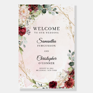 Boho blush burgundy eucalyptus gold welcome sign
