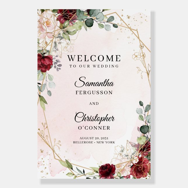 Boho blush burgundy eucalyptus gold welcome sign (Front)