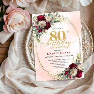 Boho Blush Burgundy Floral 80th Birthday Invite