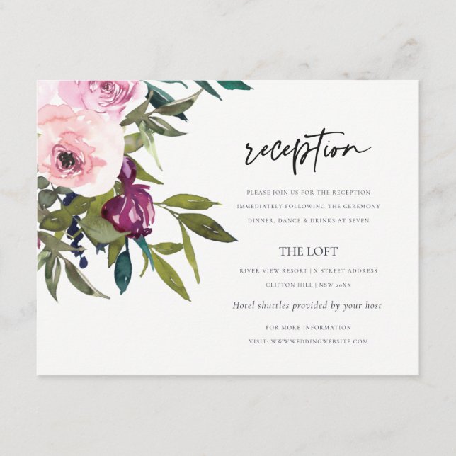 BOHO BLUSH BURGUNDY FLORAL BUNCH WEDDING RECEPTION ENCLOSURE CARD (Front)