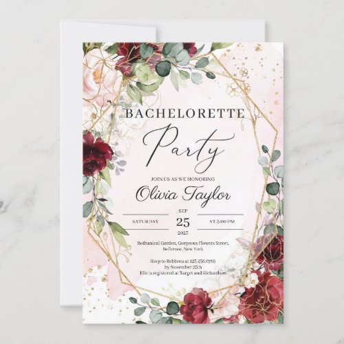Boho blush burgundy floral gold bachelorette party invitation