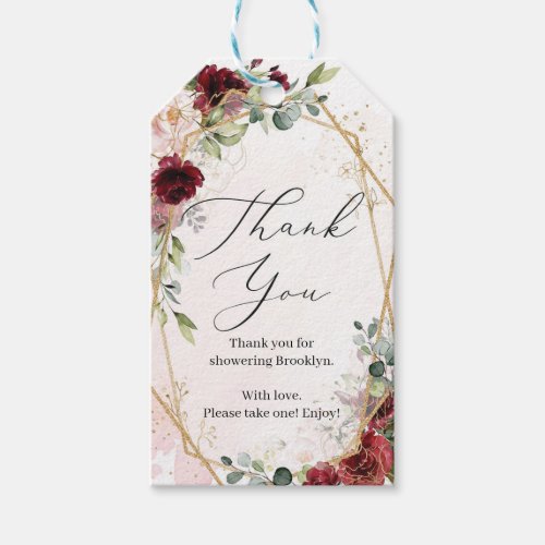 Boho blush burgundy floral gold bridal shower gift tags