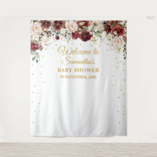Boho blush burgundy floral gold frame baby shower tapestry