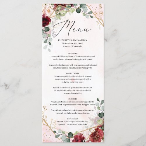 Boho blush burgundy floral gold geometric wedding menu