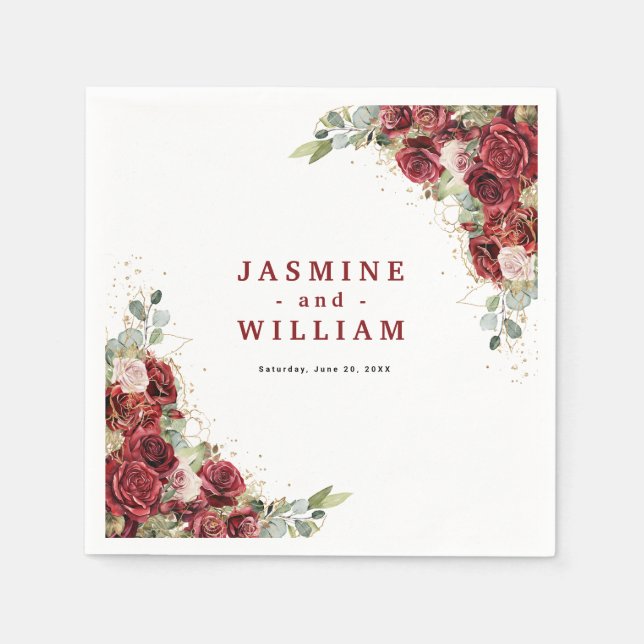 Boho Blush Burgundy Floral Gold Geometric Wedding Napkins (Front)