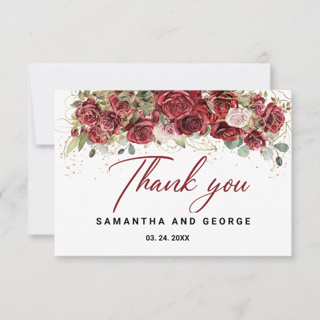Boho Blush Burgundy Floral  Gold Geometric Wedding Thank You Card (Front)