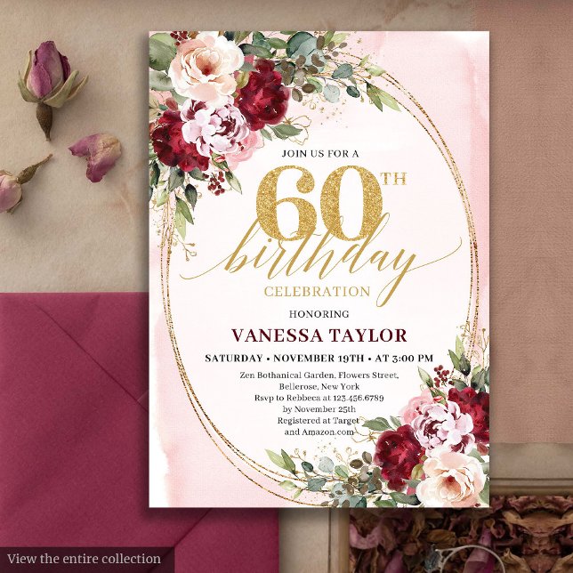 Boho Blush Burgundy Gold Roses 60th Birthday Invitation (Boho Blush Burgundy Gold Roses 60th Birthday)