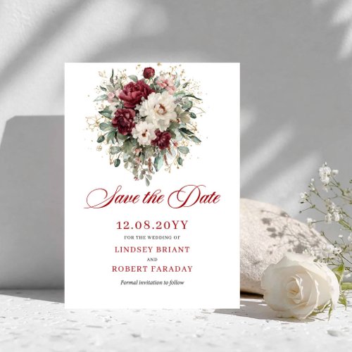Boho Blush Burgundy Gold Save The Date Card