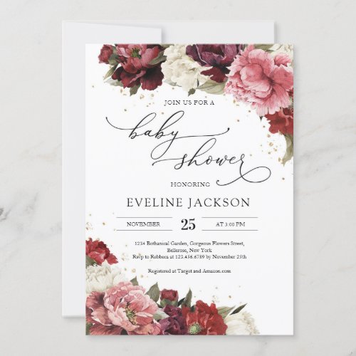 Boho Blush burgundy mauve flowers peonies baby  Invitation