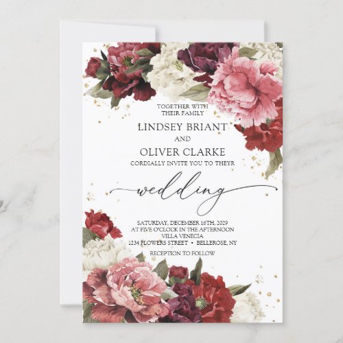 Boho Blush burgundy mauve roses peonies flowers  Invitation