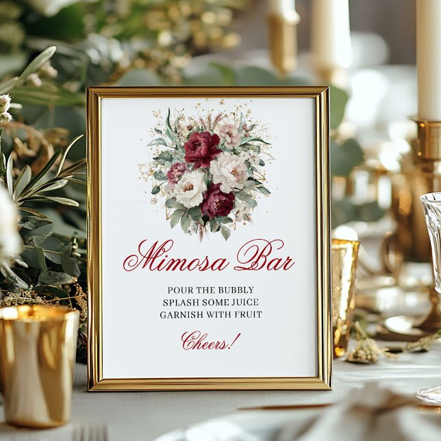 Boho Blush Burgundy Mimosa Bar Floral Tabletop  Poster (Boho Blush Burgundy Mimosa Bar Floral Tabletop Sign)