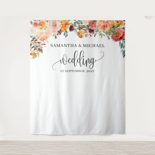 Boho Blush burgundy orange floral wedding backdrop (Front)