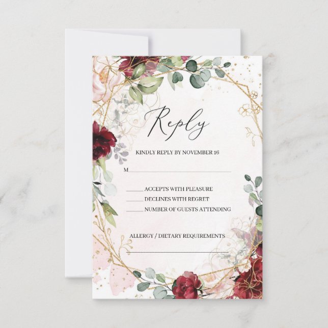 Boho blush burgundy pink and gold geometric RSVP card (Front)