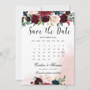 Boho blush burgundy pink navy floral wedding save the date