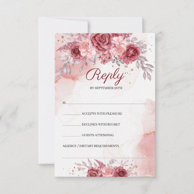Boho Blush Burgundy Roses Flowers Gold Wedding   RSVP Card (Front)