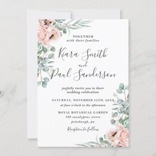 Boho Blush Dusty Pink Floral Eucalyptus Wedding Invitation