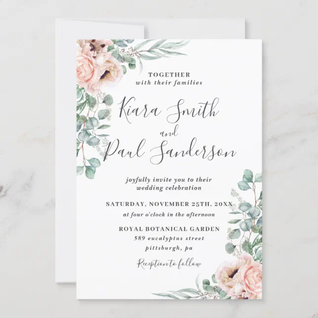 Boho Blush Dusty Pink Floral Eucalyptus Wedding Invitation | Zazzle