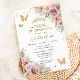 Boho Blush Dusty Rose Floral Pampas Quinceañera Invitation