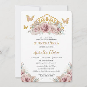 Boho Blush Dusty Rose Floral Pampas Quinceañera Invitation