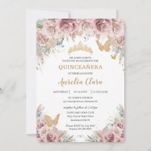 Boho Blush Dusty Rose Floral Pampas Quinceañera Invitation