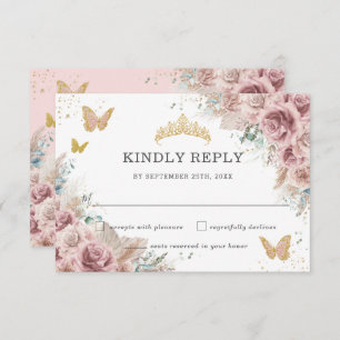 Boho Blush Dusty Rose Floral Pampas Quinceanera RSVP Card