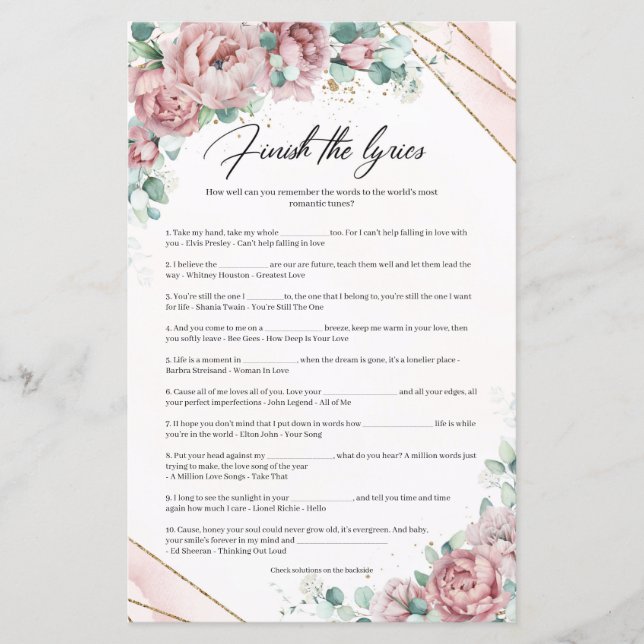 Boho blush eucalyptus gold frame Finish the Lyric (Front)