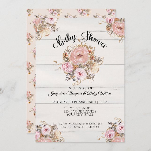 BOHO Blush Fall Floral Watercolor Rustic Wood Baby Invitation (Front/Back)