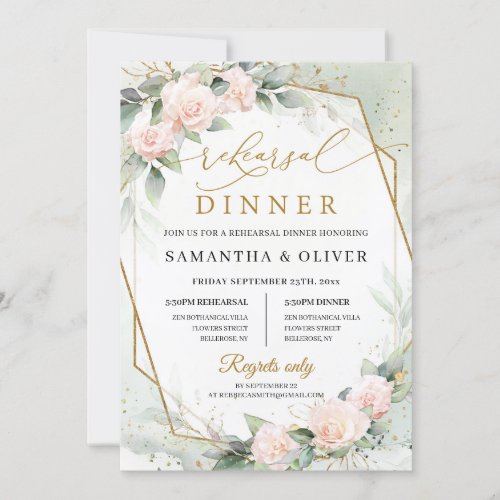 Boho blush floral and eucalyptus and gold frame invitation