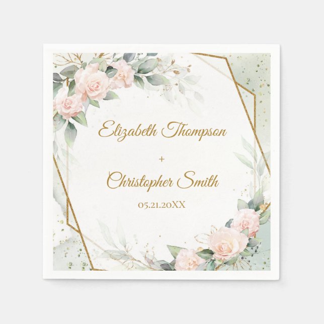 Boho blush floral and gold and eucalyptus wedding napkins (Front)