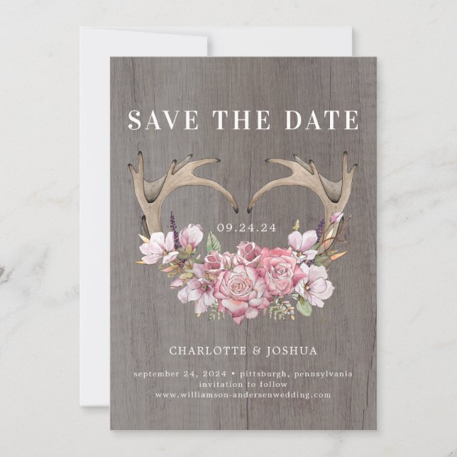 Boho Blush Floral Antlers Photo Save the Date  (Front)