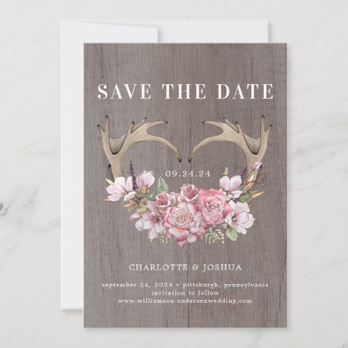 Boho Blush Floral Antlers Photo Save the Date 